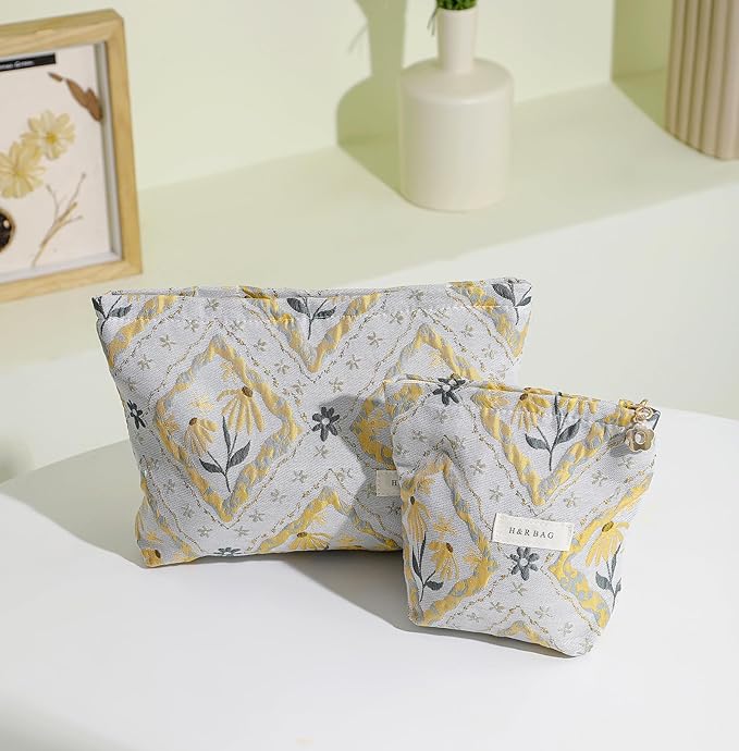 2 Pcs Makeup Bags, Large Cosmetic Bag Travel Toiletry Bag Organizer for Women, Embroidery Craft, Floral Makeup Bag Small Cosmetic Pouch Purse with Zipper Gifts for Girls Teen