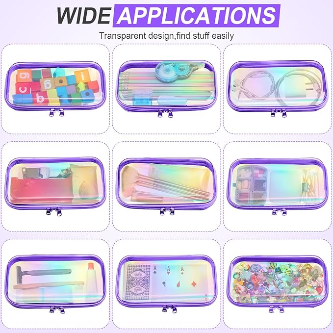 Hoolerry 4 Pcs Hard Clear Zipper Case Makeup Bags Plastic Pencil Pouch Transparent Storage Box Containers for Cosmetics, Snacks, Building Blocks, Puzzles(Purple Laser,7.5 x 3.9 x 2 in)