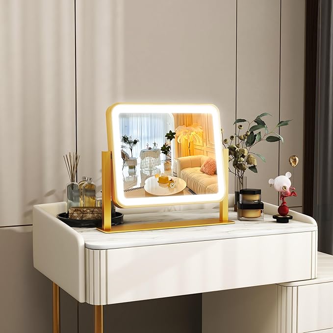 Gold Vanity Mirror with Lights, 14"×12" LED Makeup Mirror, Lighted Makeup Mirror with Lights, Smart Touch Control 3 Colors Dimmable, Lighted Up Mirror for Makeup Desk, 360° Rotation