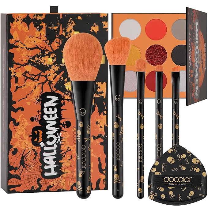 docolor Makeup Brush Set,5PCS Halloween Goth Makeup Brushes Powder Contour Eyeliner Brow Eyeshadow Brush Set with 9 Colors Halloween Eyeshadow Palette,1PC Makeup Sponge Puff&3PCS Halloween Scar Tattoo