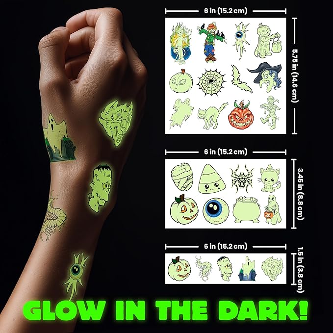 Glow in the Dark Ghost Temporary Tattoos – 50 Pack Halloween Tattoos for Kids, Spooky Party Favors, Non-Toxic & Easy to Apply, Fun Trick-or-Treat Handouts