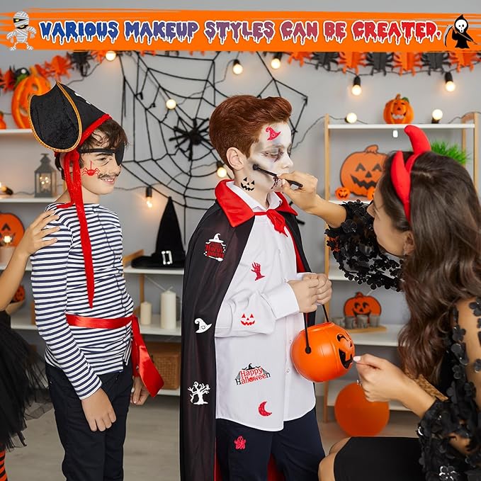 18 Pcs Halloween Face Paint Kit 3 Colors Red White Black Face Paint Kit with Glitter Stencil Makeup Brush for Halloween Cosplay Party Supplies