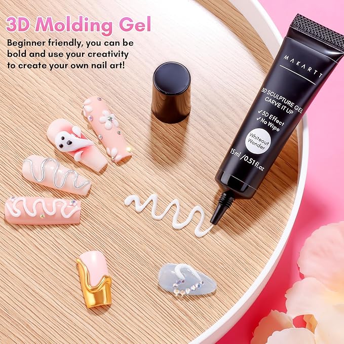 Makartt 3D Nail Gel for Nail Art: No Wipe 15g White Sculpting Molding Candy Craving Gel Polish Rhinestone Nails Charm Glue Decoration Manicure Designs (Whiteout Wonder)