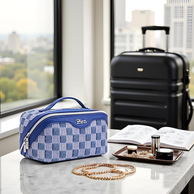 BOYATU Travel Makeup Bag for Women: Large Cosmetic Bag Set of 3 - PU Leather Make up Bag with Compartments - Compact Waterproof Toiletry Bag with Divider & Handle (C-01Blue)