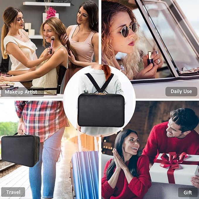 JOURMON Travel Makeup Case 3 Layers Portable Makeup Train Case Cosmetic Bag Organizer Storage for Women with Adjustable Dividers and Shoulder Strap for Toiletry Travel Accessories(Black, L)