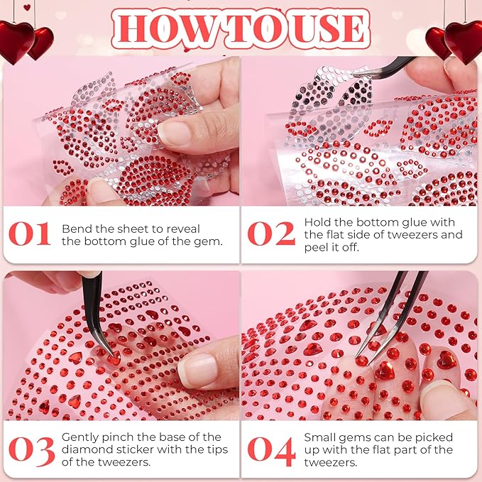 YGDZ Face Gems Self-Adhesive Face Jewels Stickers, Red Lip Hair Gems, Festival Kiss Jewels, Face Rhinestone Stickers for Makeup, Eye, Hair, Body, Rave Accessories, Stick on Gems for Kids, Women