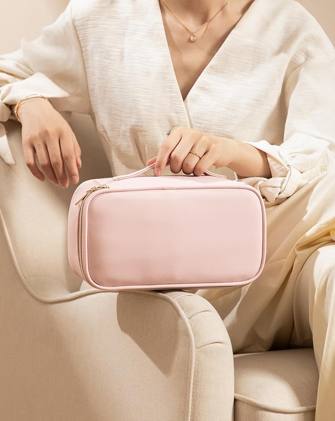 Makeup Bag for Women Small Travel Makeup Bag Organizer Portable Toiletry Bag Cute Makeup Bags Waterproof Leather Cosmetic Bag Makeup Case with Handle, Pink