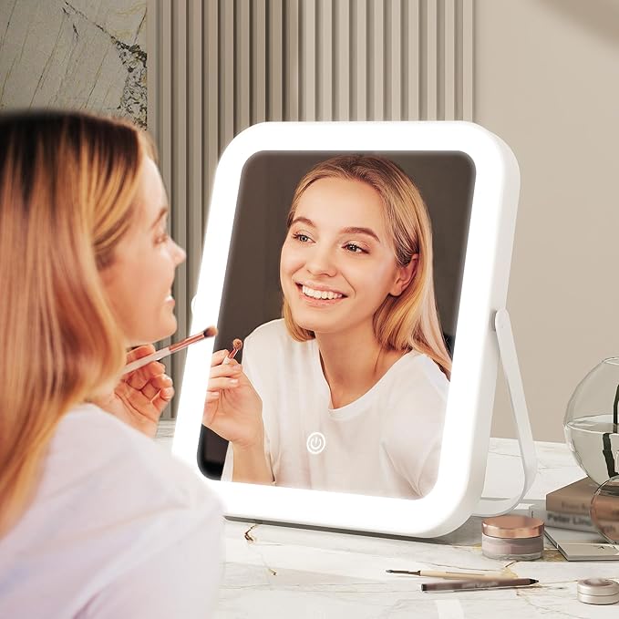 8x10 Inch Lighted Vanity Mirror, 3-Color Dimmable LED Lighting & Touch Control, Portable Makeup Mirror with U-Bracket for Travel/Dressing Room (White)