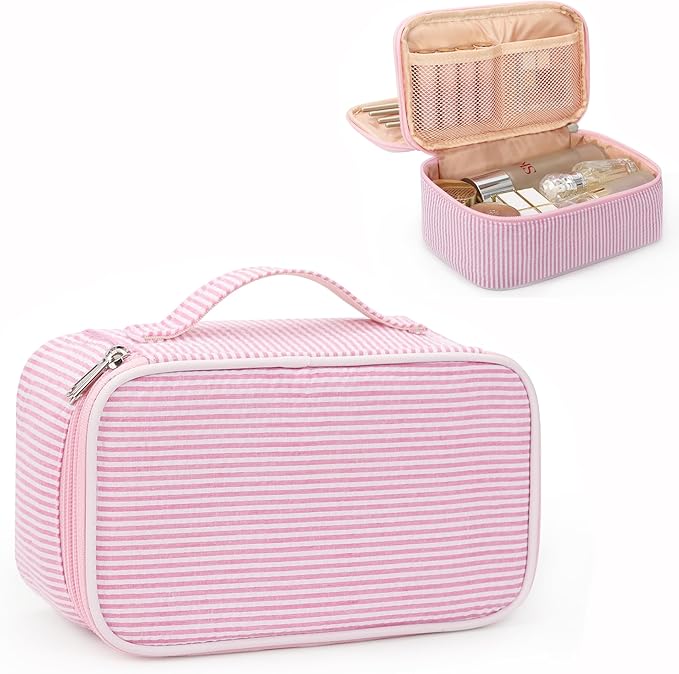 Relavel Cute Makeup Bag for Girls, Portable Pink Cosmetic Bag, Dual-layer Makeup Pouch with Brush Holder, Multi-Functional Preppy Toiletry Organizer for Travel, Daily Use - Pink Strip