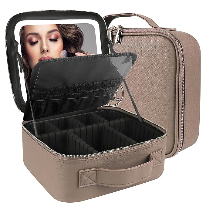 MOMIRA Travel Makeup Bag Cosmetic Bag Makeup Organizer Bag with Lighted Mirror, Adjustable Brightness in 3 Color Scenarios, Waterproof Makeup Train Case, Gift for Women - Deep Apricot