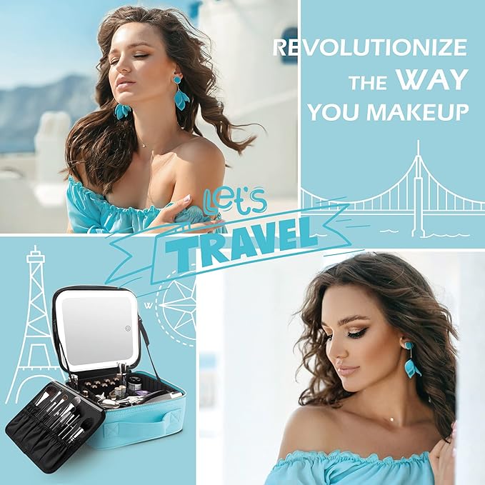 MOMIRA Travel Makeup Bag Cosmetic Bag Makeup Organizer Bag with Lighted Mirror, Adjustable Brightness in 3 Color Scenarios, Waterproof Makeup Train Case, Gift for Women - Diamond Blue