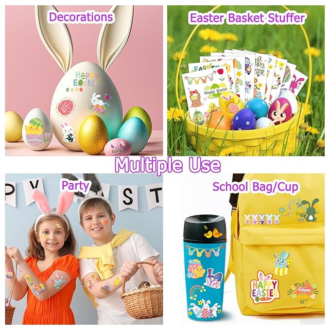 252+ PCS Easter Temporary Tattoos for Kids Men Women, 36 Sheets Easter Egg and Bunny Fake Tattoos Stickers, Easter Face Body Fake Tattoos for Adults, Easter Basket Stuffers Party Favors Decoration