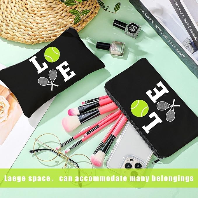 Moukeren 12 Pieces Tennis Makeup Bag Cosmetic Bag Travel Portable Storage Toiletry Case Accessories with Zippers Tennis Gifts for Lovers Players Teams Women Girls(Black)