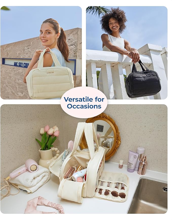 BAGSMART Travel Toiletry Bag, Lightweight Large Wide-open Travel Bag for Women, Puffy Cosmetic Makeup Bag Organizer with Handle for Accessories,Essentials, Toiletries, Green