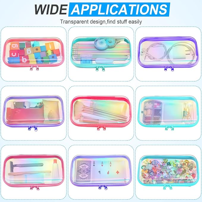 Sanwuta 6 Pcs Clear Hard Zipper Case Pencil Pouches Hard Plastic Zipper Pouches Makeup Bag Transparent Cases for Snacks Plastic Storage Organizer Box for Travel(Holographic,7.48 x 3.94 x 2 Inch)