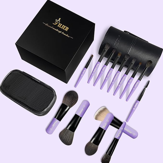 Jilier Travel Makeup Brush Set, 14 pcs Mini Makeup Brushes for Foundation, Powder, Eyeshadow, Highlight, Contour, Blush & Concealer, Small Makeup Brush Set Purse Size with Case (Purple)