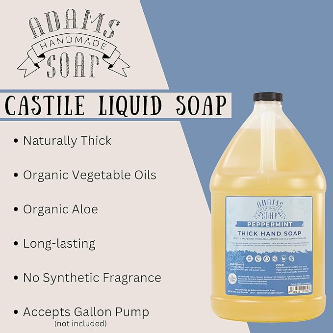 Adams Handmade Soap Thick Organic Castile Liquid Hand Soap 1 Gallon Refill - Peppermint (Pack of 4)