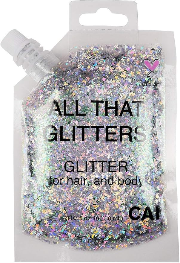 Face, Body & Hair Glitter Gel – Halloween Glitter for Kids and Women – 3 Oz Cosmetic-Grade Gel w/Moon & Stars for Festivals & Halloween Party, Easy Apply & Wash Off - Silver 1Pack