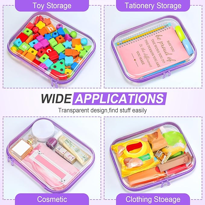 Sanwuta 6 Pcs Clear Hard Zipper Case Pencil Pouches Hard Plastic Zipper Pouches Makeup Bag Transparent Cases for Snacks Plastic Storage Organizer Box for Travel(Purple,9.84 x 7.87 x 2 Inch)
