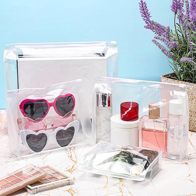 Xuniea 100 Pcs Mini Clear Makeup Bag PVC Small Travel Toiletry Organizer Pouches Bulk Waterproof Transparent Plastic Cosmetic Bag with Zipper for Women Men Travel (11'',9.8'',7.9'',5.9'')