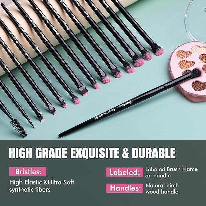 Bueart Design 15Pcs Professional Eyeshadow Brushes Set,Labled Eye Brush Set Kit Essential for eye shadow concealer blending application by Ultra Soft Density Hair