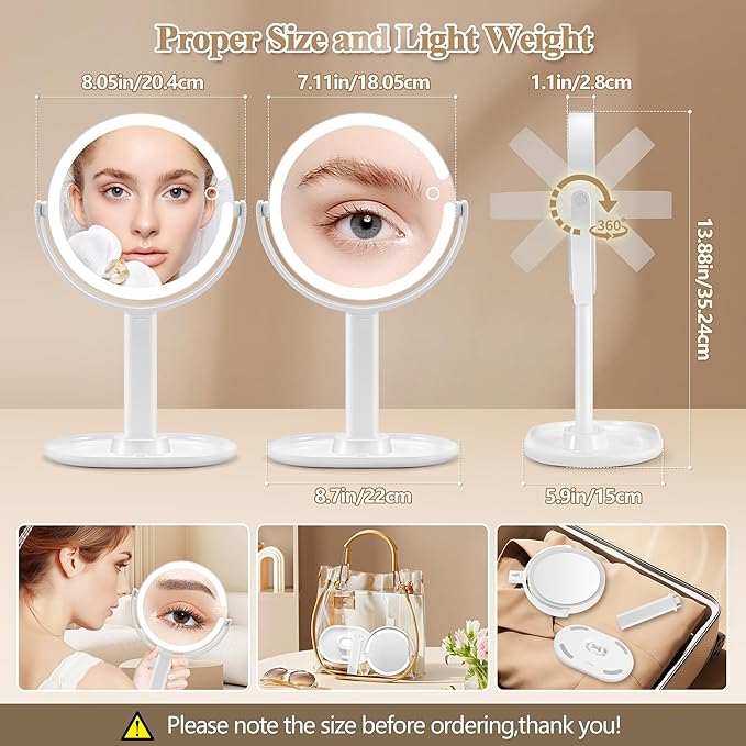 Makeup Mirror with Lights, Double Sided 1x/30x Magnifying Mirror with Light, Rechargeable 3 Color Lights and Adjustable Brightness, 360° Rotation Detachable Comes with Tweezer(White 30X)