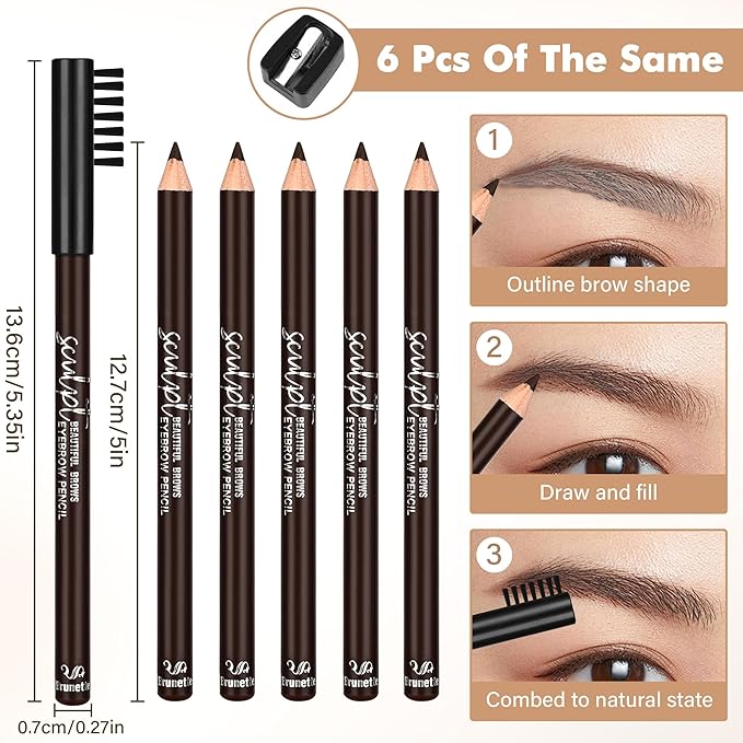 6Pcs Eyebrow pencil wooden,Brow Kit with Brush and Sharpener,Eyebrow Pencils for Women,Fine Tip Eye Brow Eye Liner for Eye Makeup,Shapes, Defines, Fills Brows (Brown-03)