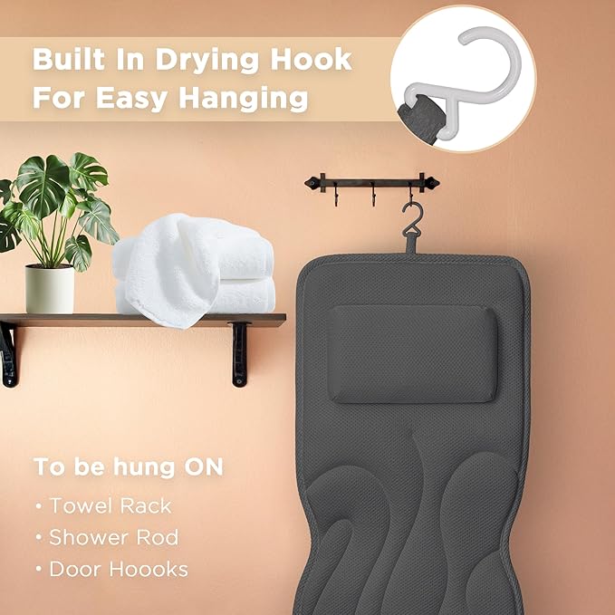 Full Body Bath Pillow for Tub, Extra Thick 4D Air Mesh & Quick-Dry Spa Pillow for Head Neck and Beck Support, Non-Slip Suction Cups Fits All Tubs - Luxury Bath Accessories for Relaxation, Grey (Grey)