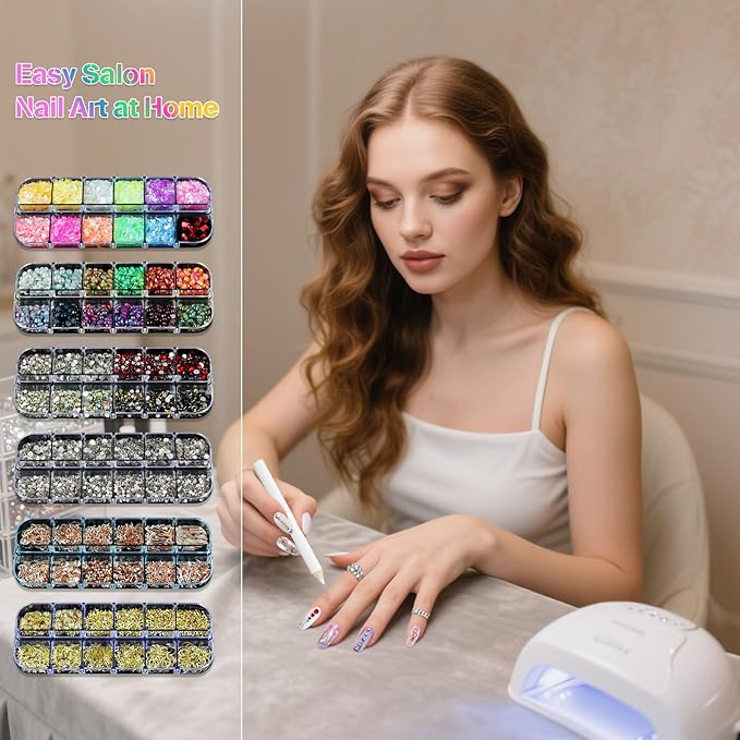 Artdone Nail Art Studs Kit, 6 boxes Multicolor And Design 3D Charms With 15 Sheets Gold Nail Stickers, Diamond Cute Nail Jewels For DIY Decoration with Pickup Tools