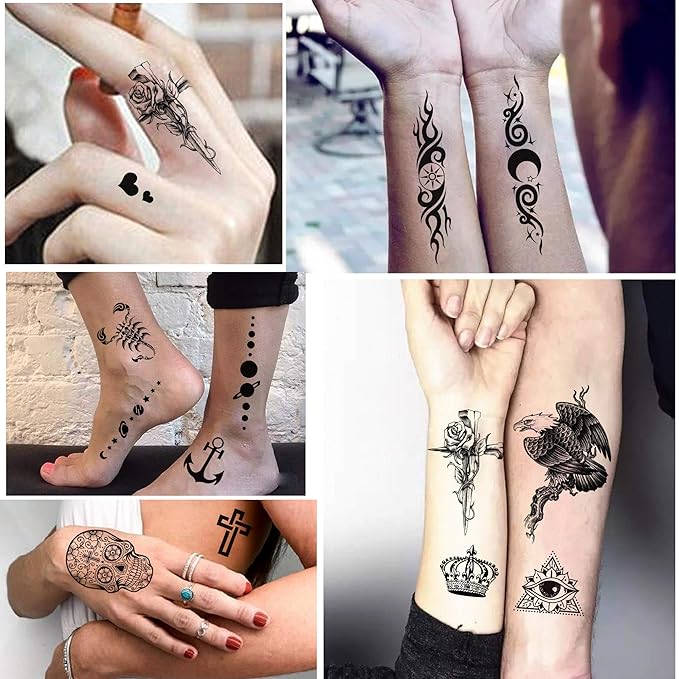 Yazhiji 32 Sheets Temporary Tattoos Stickers, 8 Sheets Fake Body Arm Chest Shoulder Tattoos for Men Women with 24 Sheets Tiny Black Temporary Tattoos