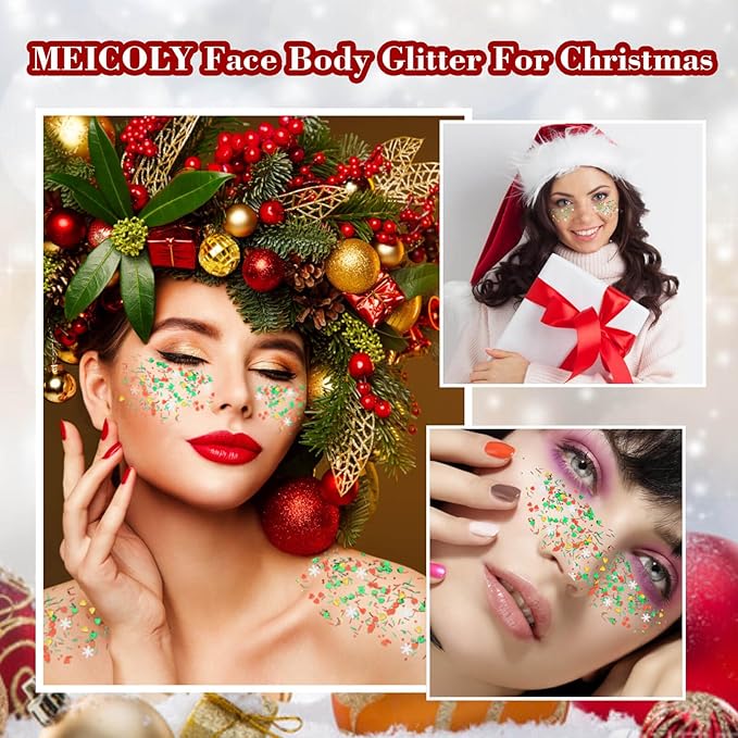 Christmas Makeup,MEICOLY Christmas Face Body Glitter Gel,Christmas Stocking Stuffers Gift Decorations,Festival Hair Glitter for Women Kids Girls,Chunky Sparkling Sequins Glitter Face Paint