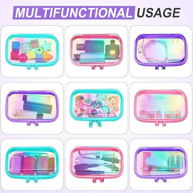 Sanwuta 6 Pcs Clear Hard Zipper Case Pencil Pouches Hard Plastic Zipper Pouches Makeup Bag Transparent Cases for Snacks Plastic Storage Organizer Box for Travel(Holographic,5 x 3 x 2 Inch)