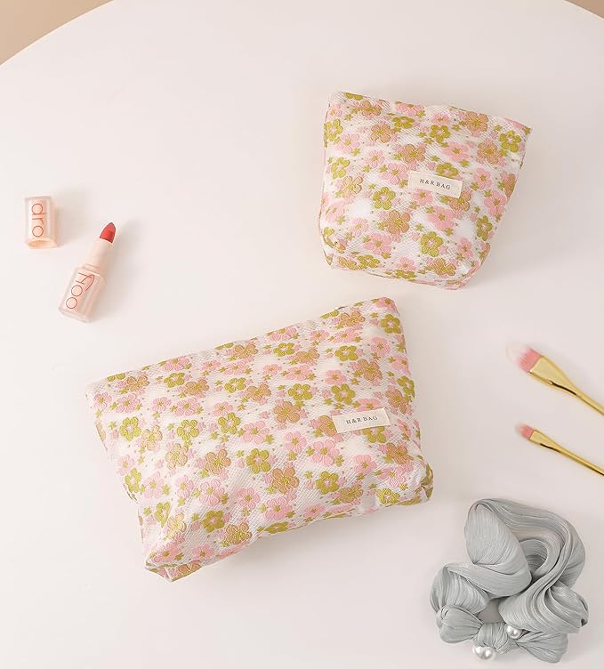 2 Pcs Makeup Bags, Large Cosmetic Bag Travel Toiletry Bag Organizer for Women, Embroidery Craft, Floral Makeup Bag Small Cosmetic Pouch Purse with Zipper Gifts for Girls Teen