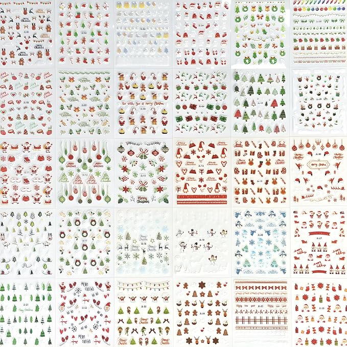 30 Sheets Christmas Nail Art Stickers 3D Self- Adhesive Pegatinas Uñas Snowman Snowflake Nail Decals White Red Christmas Nail Supplies for Women and Girls