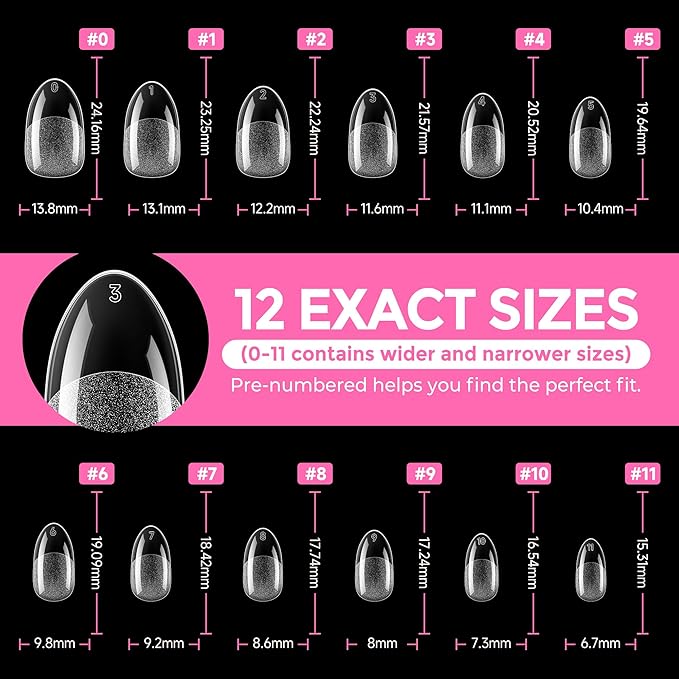 UNA GELLA Medium Oval Fake Nails Pre-Shape 216pcs Round Gel Nail Tips Press on Nails for Full Cover Acrylic Round Oval Full Nails False Nails 12 Sizes False Soft Gel Tips