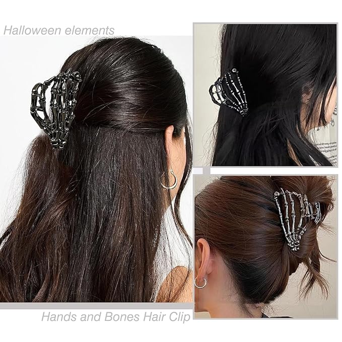Black Skeleton Hand Hair Claw Clips-Metal Black Alloy Nonslip Terror Ghost Hand Strong Hold Hair Jaw Clips Punk Gothic Catch Thick or Thin Hairs Hair Accessories-Hand