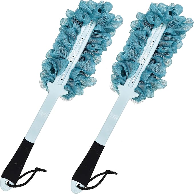 2 Pack Back Scrubber for Shower, Anti Slip Long Handle Bath Body Brush, Loofah with Handle, Back Scrub Brush, Soft Mesh Loofah Sponge Shower Brush for Women, Men, Elderly (2 Pack= Blue)