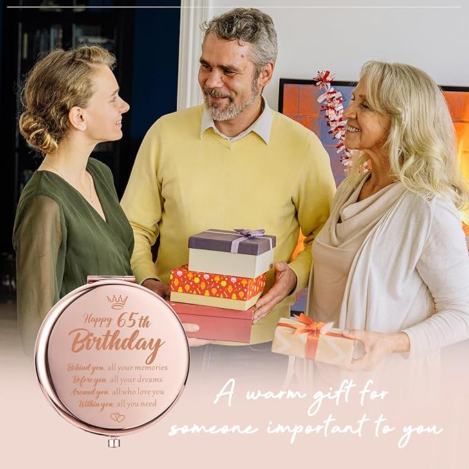 65th Birthday Gifts for Women, 65th Birthday Gifts Ideas Rose Gold Compact Mirror for Purses, Inspirational Gifts Happy 65th Birthday Gifts for Women Mom Grandma Travel Makeup Mirror