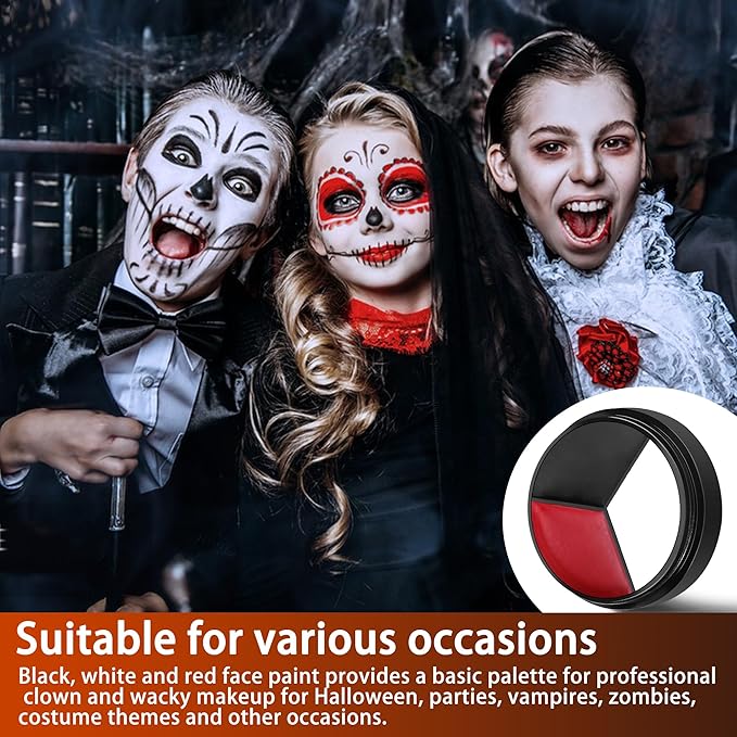 EBaokuup 3 Set Black White Red Face body Paint,3 Colors Clown Makeup Kit with Sponge and Brush,Joker Face Body Paint for Halloween Cosplay,Special Effect Makeup and Costume-Themed Party