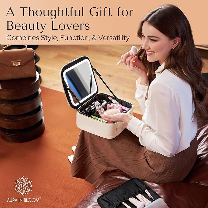 Makeup Bag with LED Mirror – Travel Cosmetic Organizer with Lighted Mirror, Adjustable Dividers & Brush Holder Storage – Portable PU Leather Makeup Case for Women & Girls - Cream