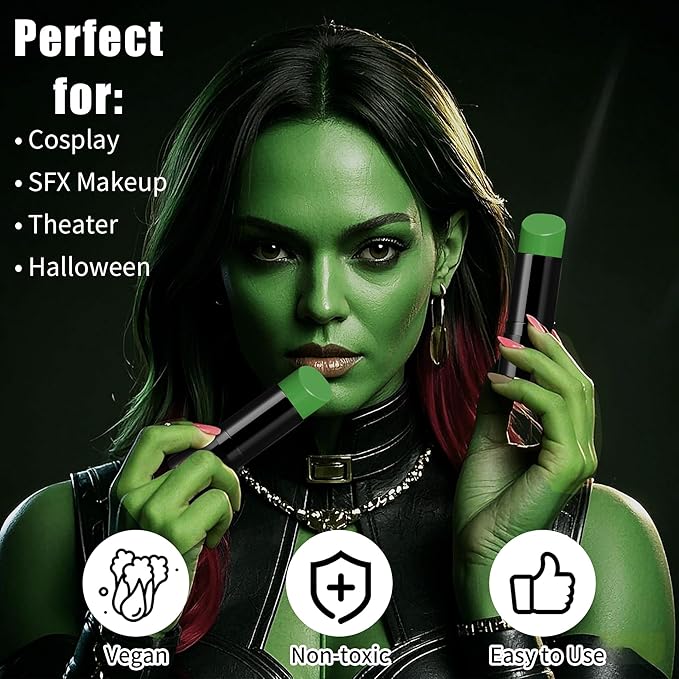 Witch Green Face Body Paint Stick, St. Patrick's Day Face Paint Makeup Accessories, Full-Coverage Hypoallergenic Camo Hulk Hunting FacePaint, Halloween SFX Cosplay Costume Party Green Makeup