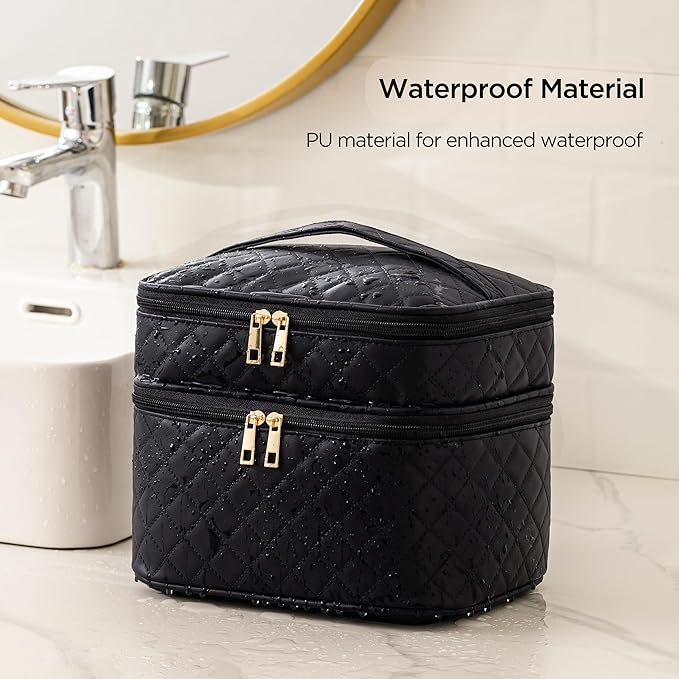 Makeup Bag for Women X-Large Travel Makeup Bag Organizer Portable Toiletry Bag Cute Makeup Bags Waterproof Leather Cosmetic Bag Makeup Case with Removable Dividers, Lattice Black
