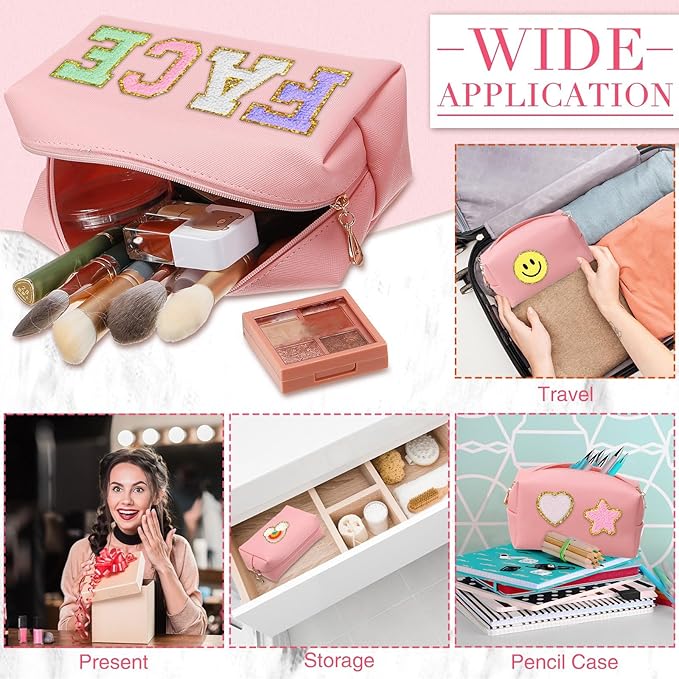 Sanwuta 9 Pcs Makeup Bags Bulk PU Double Zippers Cosmetic Bag Makeup Toiletry Pouch Portable Travel Organizers Case for Women Bachelorette Party End of The Year Bridesmaid Gift(Pink)