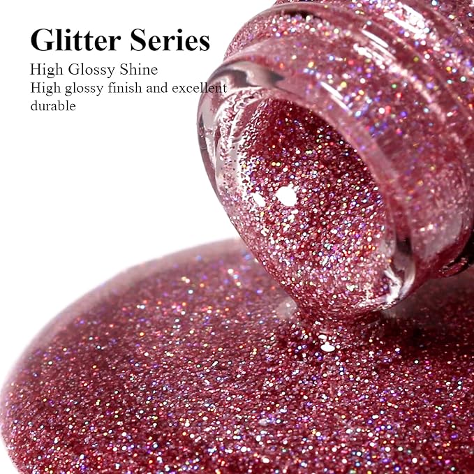 Imtiti Rose Gold Iridescent Glitter Gel Polish - Soak Off LED U V Shimmer Sparkle Nail Gel Polish DIY Nail Art Starter Kit for Women Girls 10ML