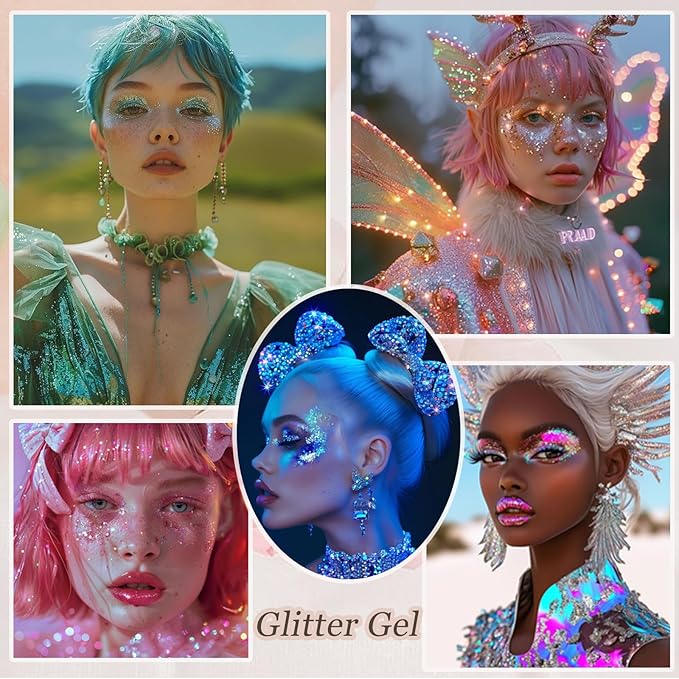 Face Body Glitter, Hair Glitter Sparkles Chunky Face Glitter Gel for Girls Makeup Singer Concerts Mermaid Festival Sequins Face Paint (Multicolor Mixing *2)