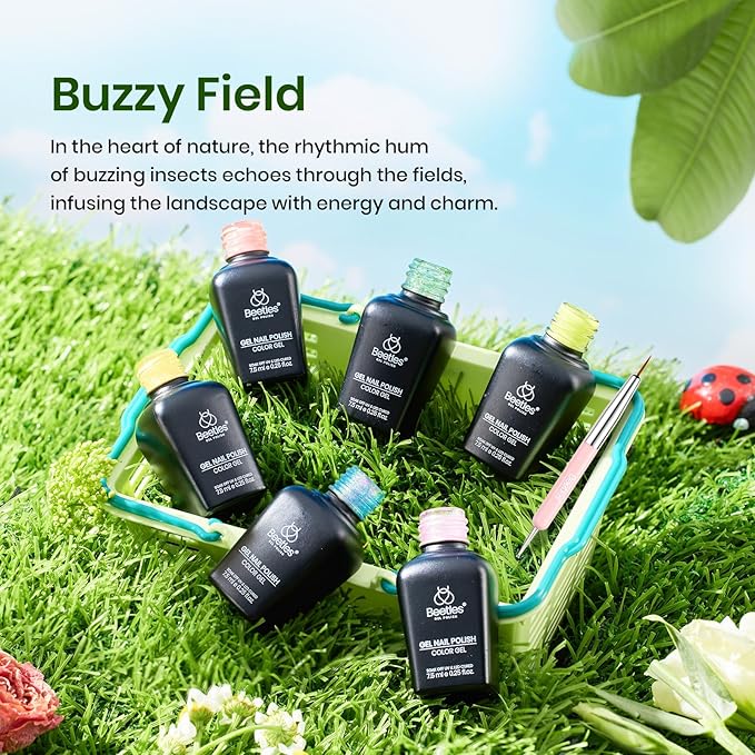 Beetles Gel Nail Polish Set, Yellow Coral Green Glitter Pastel Gel Polish with Bees Stickers 6 Color Summer Buzzy Field Theme for Nail Art Gift for Women
