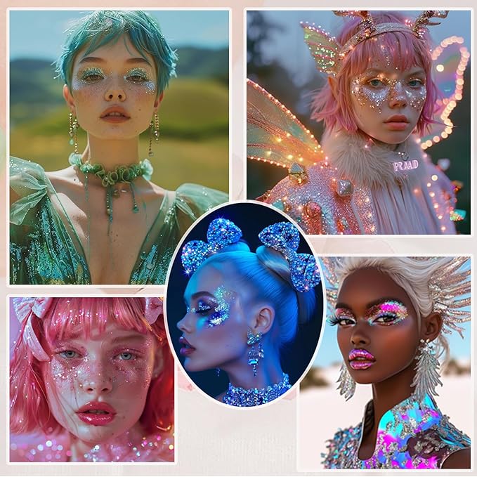 Face Body Glitter, Hair Glitter Sparkles Chunky Face Glitter Gel for Girls Makeup Singer Concerts Mermaid Festival Sequins Face Paint (Pink+Blue+Purple+Rose+White+Silver+Gold)