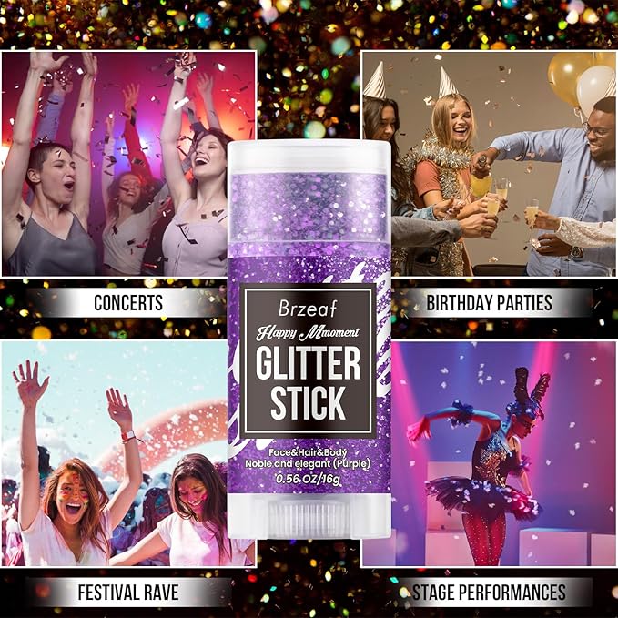 Brzeaf Waterproof Purple Glitter Stick, Not Greasy & Shimmery & Long Lasting, Chunky Glitter for Face/Body/Hair/Eyes, Singer Concert Music Halloween Rave Festival, Glitter Stick Makeup for Women Men