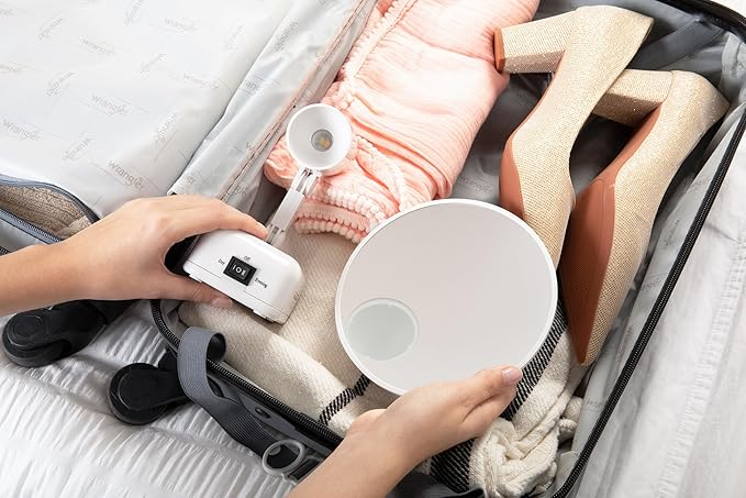 Floxite FL-615-2 15X magnifying mirror with light, Lighted travel makeup mirror with light and magnification, Round, LED, Tabletop, Portable vanity mirror for desk bathroom, electric plug in, personal