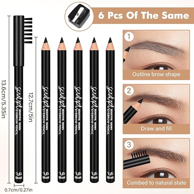 6Pcs Eyebrow pencil wooden,Brow Kit with Brush and Sharpener,Eyebrow Pencils for Women,Fine Tip Eye Brow Eye Liner for Eye Makeup,Shapes, Defines, Fills Brows (Blackest Black-06)